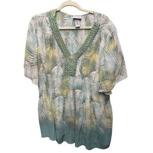 Catherines Tropical Palm Pleated Blouse Womens 3X Green Beaded V-Neck Excellent